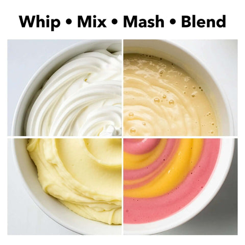Whipped cream, batter, mashed potatoes, and blended mixture made with 5 Speed Corded Hand Mixer With Stainless Steel Whisks