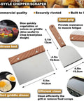 Eight Piece Griddle Tools Set Pro Grade Heavy Duty Stainless Steel Spatula Kit For Grill Griddle Hibachi Flat Top Outdoor Cooking With Scraper Brush Chopper And Bottles Ideal Gift For Grill Lovers Birthday Or Wedding showing two style chopper scraper with wooden handles and dimensions.