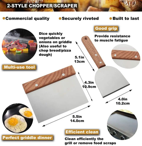 Eight Piece Griddle Tools Set Pro Grade Heavy Duty Stainless Steel Spatula Kit For Grill Griddle Hibachi Flat Top Outdoor Cooking With Scraper Brush Chopper And Bottles Ideal Gift For Grill Lovers Birthday Or Wedding showing two style chopper scraper with wooden handles and dimensions.