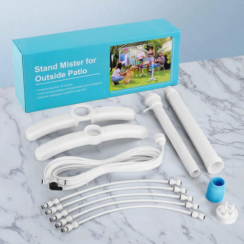 Adjustable Outdoor Patio Misters Stand With Flexible Riser Up To 46 Inches and 26 Point Two Feet Water Supply Line components on display.