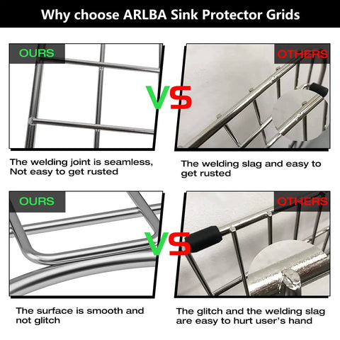 Comparison of 2Pack Stainless Steel Sink Grids and other brands, highlighting welding quality and smooth surface vs rough edges.