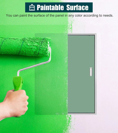 Premium Aluminum Gypsum Drywall Access Panel With Paintable Slick Finish For Attics And Indoor Walls No Sweat Setup Hella Durable Home Fix Upgrade Easy Peasy Install Clean Look being painted green with a roller.