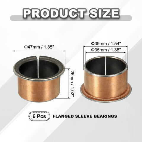 Built Tough 6 Piece Flanged Sleeve Bearing Kit Featuring 35 Mm Bore 39 Mm Outer Diameter 26 Mm Length 47 Mm Flange Iron Copper Construction For Smooth Heavy Duty Use sizes displayed.