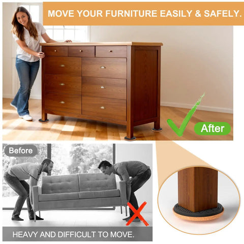 Heavy Duty Felt Furniture Sliders For Hardwood Floors And tile Pads protecting furniture as shown moving a dresser and couch with ease.
