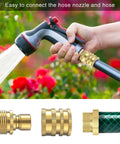 Hand holding a garden hose with Heavy Duty Three Quarter Inch Garden Hose Quick Connect Fittings, spraying water, plus brass connectors.