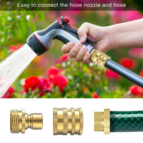 Hand holding a garden hose with Heavy Duty Three Quarter Inch Garden Hose Quick Connect Fittings, spraying water, plus brass connectors.