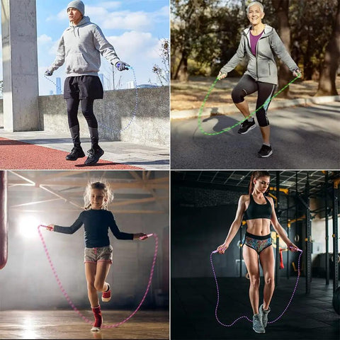 People using Adjustable Beaded Jump Rope For Fitness, Tangle Free Segmented Rope With Soft Beads, 9.2 Feet Length outdoors and in gym