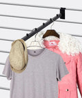 Slatwall Waterfall Hooks Set Of 6, 15.75 Inch Ball Hangers for easy closet organization displayed with coat, shirt, and hat on wall