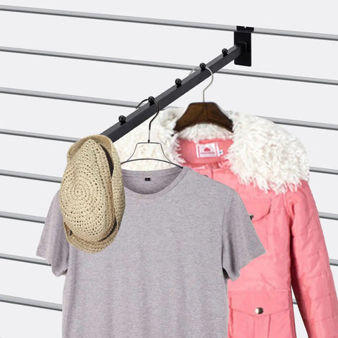 Slatwall Waterfall Hooks Set Of 6, 15.75 Inch Ball Hangers for easy closet organization displayed with coat, shirt, and hat on wall