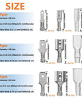 Comprehensive Wire Crimp Terminal Kit With 2.8mm, 4.8mm, And 6.3mm Male And Female Spade Connectors shown with measurements