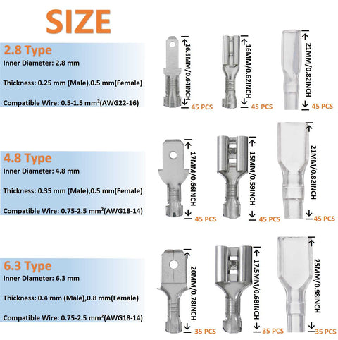 Comprehensive Wire Crimp Terminal Kit With 2.8mm, 4.8mm, And 6.3mm Male And Female Spade Connectors shown with measurements
