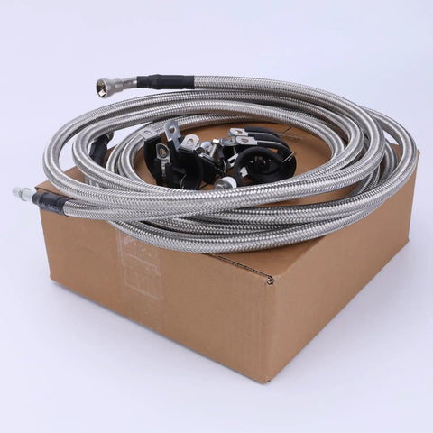 Fuel Supply Line Assembly Kit That Fixes Your Chevy Silverado Or GMC Sierra 1500 Truck From 2004 To 2007 Classic Models Perfect For V8 Gas Engines Without E85 Flex Fuel Issues braided steel hoses and clamps on box