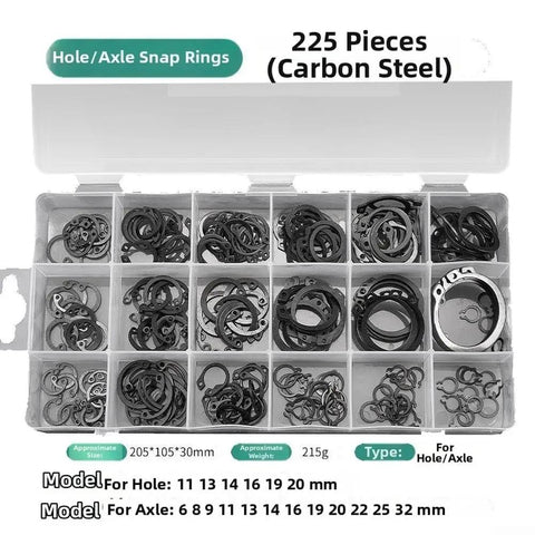 Heavy Duty E-Type Snap Ring Set Made From Super Strong 65Mn Manganese Alloy Steel Perfect For Shaft And Hole Retention In Any Mechanical Assembly Job You Are Doing Today, 225 piece carbon steel assortment.