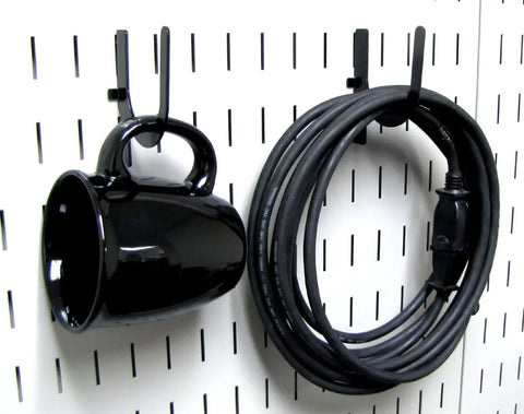 Slotted Pegboard U Hook 3 Inch For Slotted Tool Boards Heavy Duty Metal Wall Hook With Black Finish holding a mug and cord