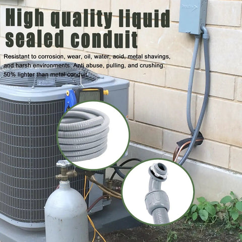 Top Shelf Liquid Tight Electrical Conduit Kit Twenty Five Foot Three Quarter Inch sealed conduit attached to outdoor unit.