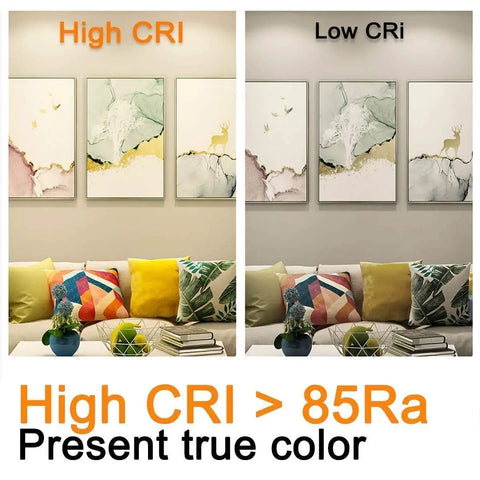 Comparison of high CRI vs low CRI lighting effects on wall art above a sofa with colorful pillows, showcasing color accuracy.
