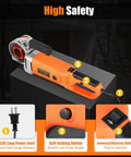 Jobsite Beast 2300W Electric Pipe Threader Rig With Auto Feed Rotary Die showing safety features like self-locking and forward/reverse buttons.