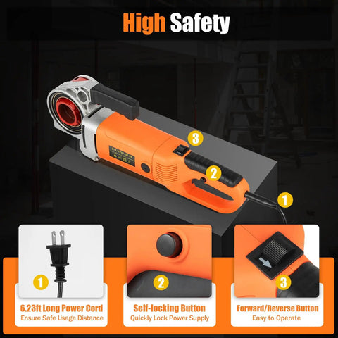 Heavy Duty Electric Pipe Threader Machine With Six Dies For One Half To Two Inch Copper And Galvanized Iron Pipes Portable Handheld Threading Tool with safety features.