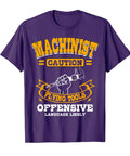 Cool Purple Machinist T-Shirt For Men X-Large Featuring Funny Flying Tools Graphic with caution text design.