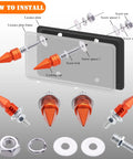 4 Pack Dope Spike License Plate Screws Anti Theft Fasteners Kit Universal Fit For Cars Trucks And Motorcycles Orange Stainless Steel And Aluminum Alloy For Enhanced Style And Durability Easy To Install showing installation steps and components