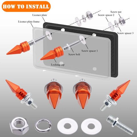 4 Pack Dope Spike License Plate Screws Anti Theft Fasteners Kit Universal Fit For Cars Trucks And Motorcycles Orange Stainless Steel And Aluminum Alloy For Enhanced Style And Durability Easy To Install showing installation steps and components