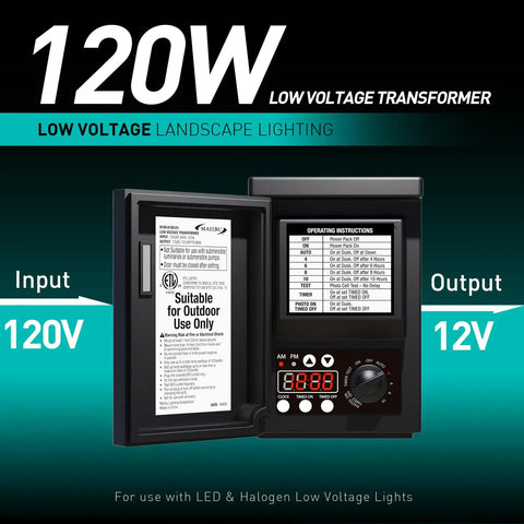 120 Watt Low Voltage Landscape Lighting Transformer With Sensor And Weather Shield For Outdoor Spotlight Installations