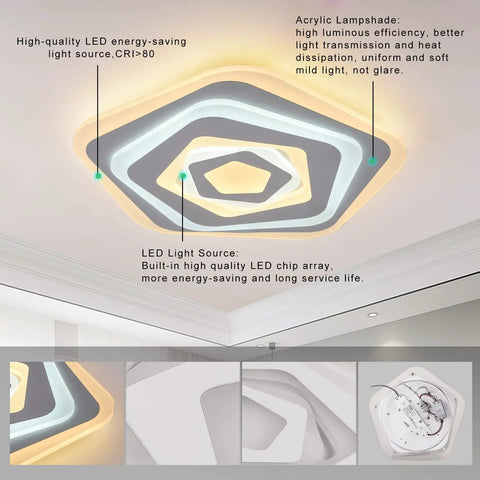 Dimmable Acrylic Ceiling Light With Remote Control, Flush Mount LED Modern Lamp, Cool Chandelier For Bedroom Kitchen Kids Room 68W White Easy Install Energy Efficient displayed illuminated on ceiling.