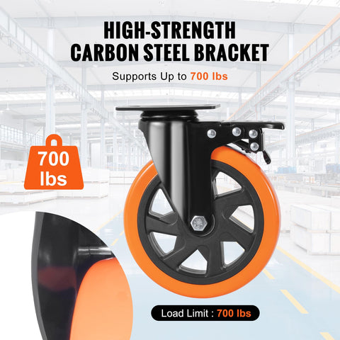 Side view of Six Inch Swivel Plate Caster Wheels Set Of Four With AB Locking No Noise PVC Non Marking Wheels For Cart Furniture Workbench