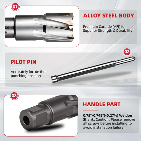 ANGELSWORD TCT annular cutter kit for magnetic drill; 3/4 dia, 2 in depth, tungsten carbide tipped, 5/16 x 4 pilot pin.