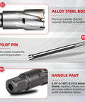 High Performance Nine Sixteen Inch TCT Annular Cutter Kit With Weldon Shank and Pilot Pin showing alloy steel body and handle part.