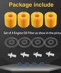 Engine Oil Filter Set For Toyota And Lexus Vehicles Four Pack No Fuss Fit Camry Highlander RAV4 Sienna Tacoma And More Replaces 04152 YZZA1 04152 YZZG1 04152 31090; four oil filters with seals and caps depicted against a dark background, highlighting the full set components.