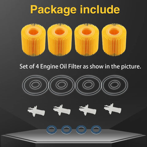 Engine Oil Filter Set For Toyota And Lexus Vehicles Four Pack No Fuss Fit Camry Highlander RAV4 Sienna Tacoma And More Replaces 04152 YZZA1 04152 YZZG1 04152 31090; four oil filters with seals and caps depicted against a dark background, highlighting the full set components.