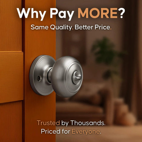 Heavy Duty Satin Stainless Interior Door Knob Set With Privacy Button on wooden bedroom door