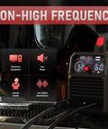 Four-In-One Plasma Cutter 60Amp Dual Voltage 110V 220V Non High Frequency Non Touch Pilot Arc in use with safety icons visible