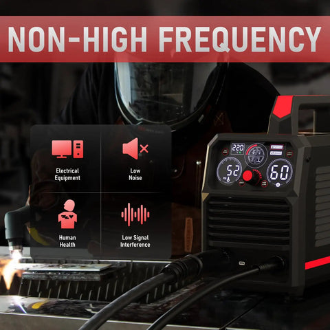 Four-In-One Plasma Cutter 60Amp Dual Voltage 110V 220V Non High Frequency Non Touch Pilot Arc in use with safety icons visible