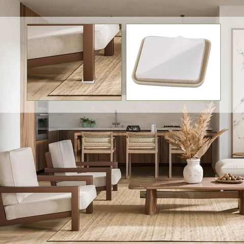 Heavy Duty Self Adhesive Furniture Sliders Table And Chair Leg Protectors Slick Gliding Floor Savers 2 Inch Gray Square caps under table leg.