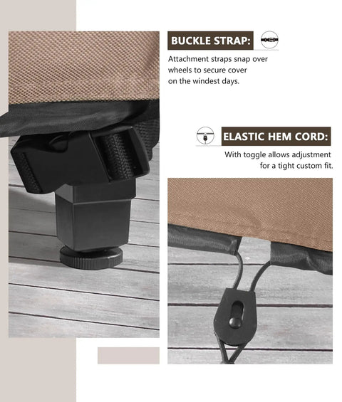 Close-up of buckle strap and elastic hem cord for Rectangular Gas Fire Pit Table Cover 44 By 28 Inch Waterproof Heavy Duty Outdoor Fire Pit Cover That Keeps Your Patio Dry From Rain Snow Leaves Dust UV Rays And Bird Droppings.