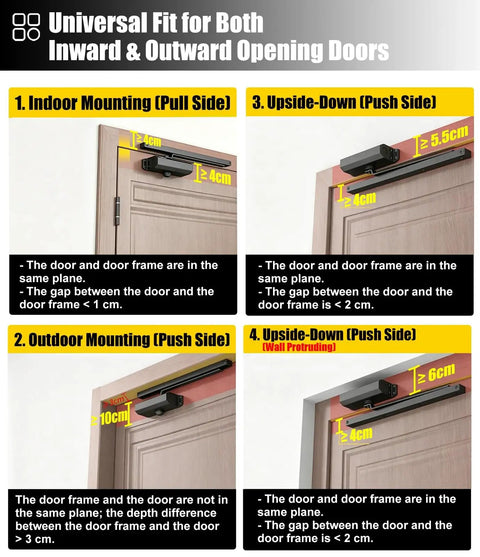 Adjustable Universal Hands Free Automatic Door Closer With Hydraulic System mounted on push and pull side doors with measurements