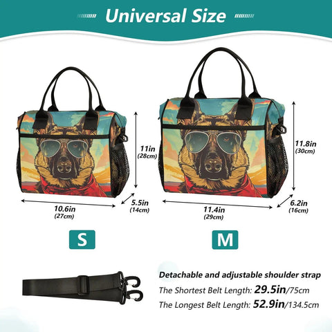 Insulated Lunch Bag Cooler Tote for Outdoor Picnics and Camping, sizes S and M, with detachable strap and dog print design