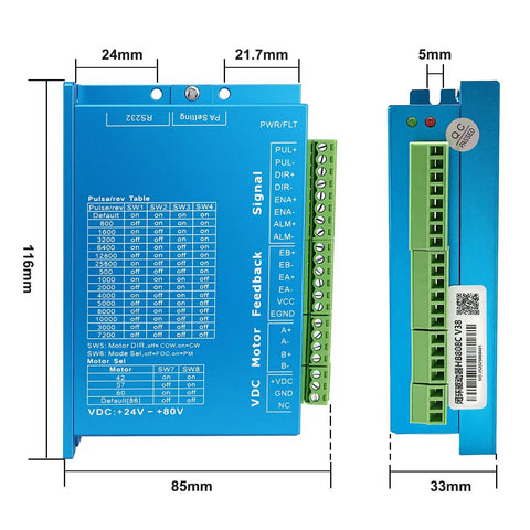 Blue CNC stepper driver module with green terminal blocks; front panel labeled Signal and Feedback