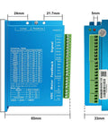 Five Axis CNC Controller Kit With Closed Loop NEMA 23 Stepper Motors blue DSP driver front and side view with dimensions.