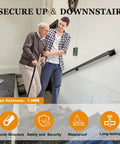 Badass 6ft Black Wrought Iron Stair Railing Wall Mount Kit Non Slip Handrail And Iron Grab Bar aiding two individuals on stairs.