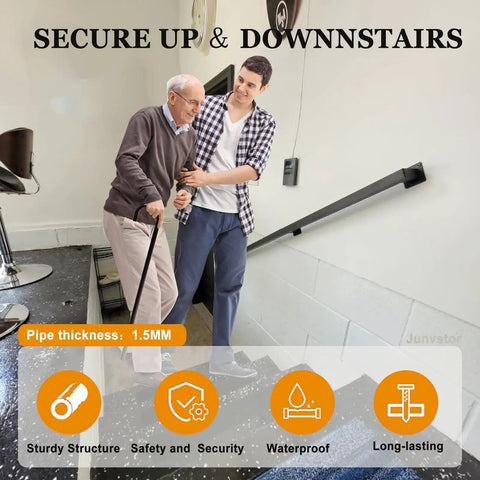 Badass 6ft Black Wrought Iron Stair Railing Wall Mount Kit Non Slip Handrail And Iron Grab Bar aiding two individuals on stairs.