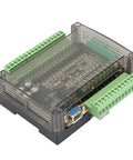 DC24V PLC Controller with 32-bit MCU, 100kHz Pulse, DIN Rail Mountable, showing connectors and housing; front view.
