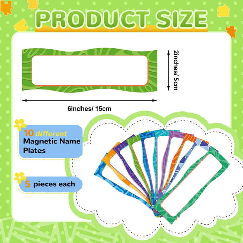 Neon Magnetic Name Labels Set 50 Pcs 6 By 2 Inches Reusable Magnetic Dry Erase Tags in 10 neon designs for whiteboards and lockers.