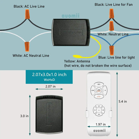 Universal Ceiling Fan Remote Control Kit Three In One Wireless Receiver dimensions and wiring details.