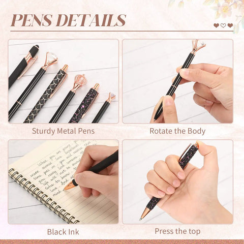 Six Pack Ballpoint Pen Set With Metal Crystal Diamond Accents displayed on table, rotating, writing, and pressing top mechanisms shown.