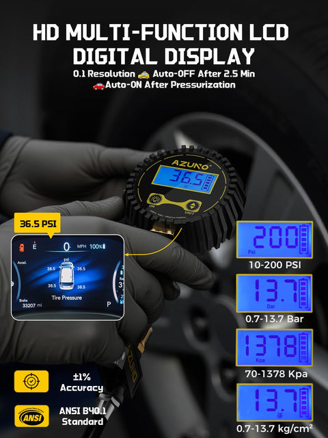 Digital Tire Inflator With Pressure Gauge 200 PSI Auto Shutoff LED Flashlight 7 Piece Heavy Duty Air Tool Set display
