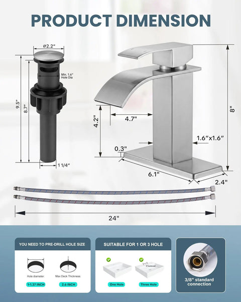 Waterfall Style Brushed Nickel One Hole Bathroom Sink Faucet With dimensions, pop up drain, supply line, deck plate