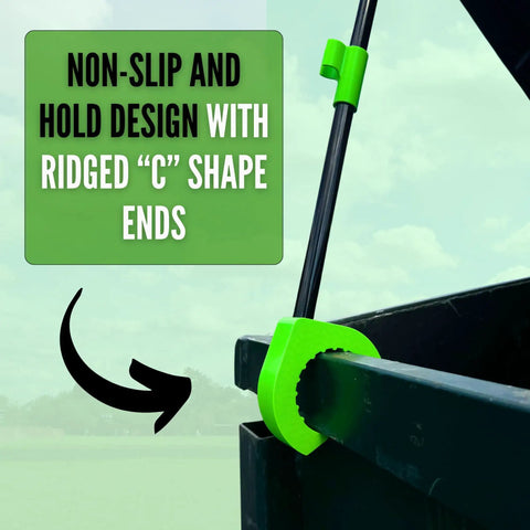 Hands Free Dumpster Lid Prop 3 Pack Skip The Stink And Keep Your Trash And Recycling Bins Sanitary With Zero Grip Hassle For Plastic Lids, ridged C-shaped ends displayed on bin.